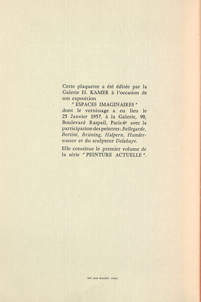 "Espaces Imaginaires" (Catalogue) by Pierre Restany, Galerie H. Kamer, Paris 1957 © SKD