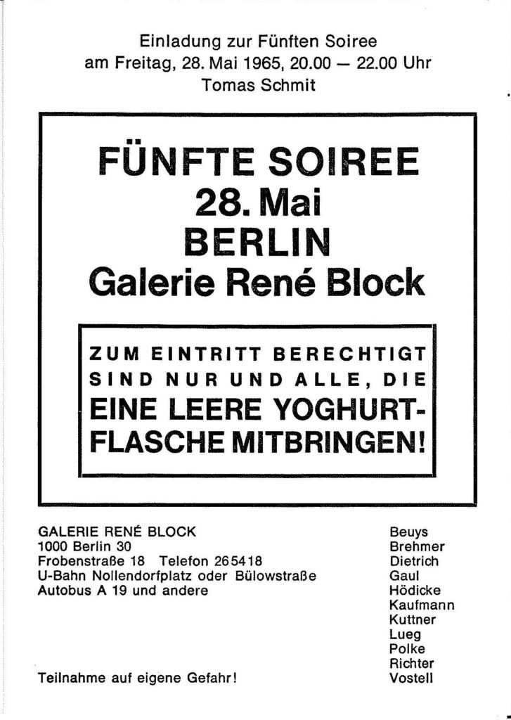 Tomas Schmit "Fünfter Soiree" / Yoghurt Flasche, Galerie René Block, Berlin 1965 © The artist and SKD