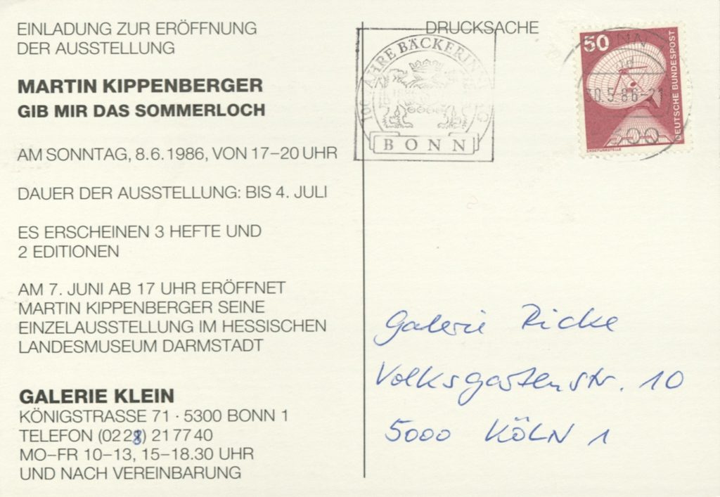Martin Kippenberger, "Gib mir das Sommerloch", Galerie Klein, Bonn, 1986 (Invitation) © 2019 Estate Martin Kippenberger, Galerie Gisela Capitain, Cologne; Archiv der Avantgarden, Staatliche Kunstsammlungen Dresden