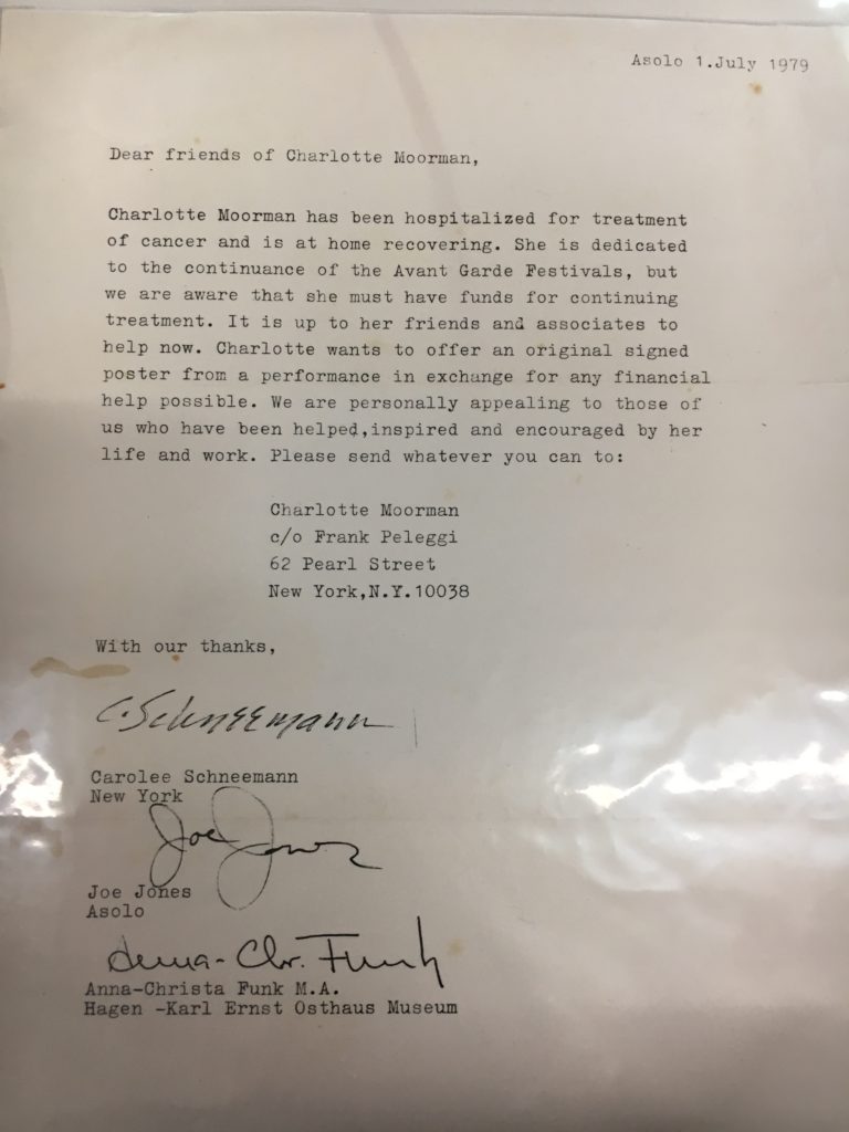 Charlotte Moorman, Joe Jones and Anna Christina Funk, Letter to Charlotte Moorman's friends, 1979; Archiv der Avantgarden, Staatliche Kunstsammlungen Dresden 