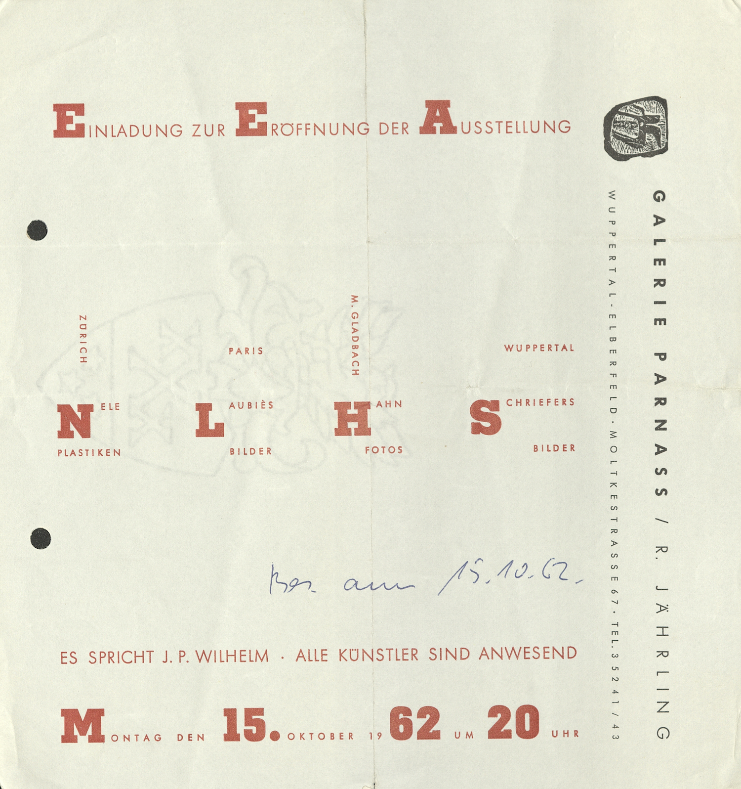 Nele, Laubiès, Hahn, Schriefers, Galerie Parnass, Wuppertal 1962 (Invitation); Archiv der Avantgarden, Staatliche Kunstsammlungen Dresden