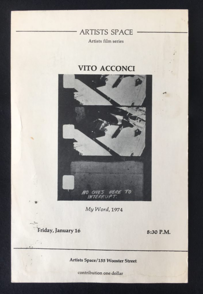Vito Acconci, Artists Space, New York 1976 (invitation); Sammlung Marzona, Kunstbibliothek – Staatliche Museen zu Berlin