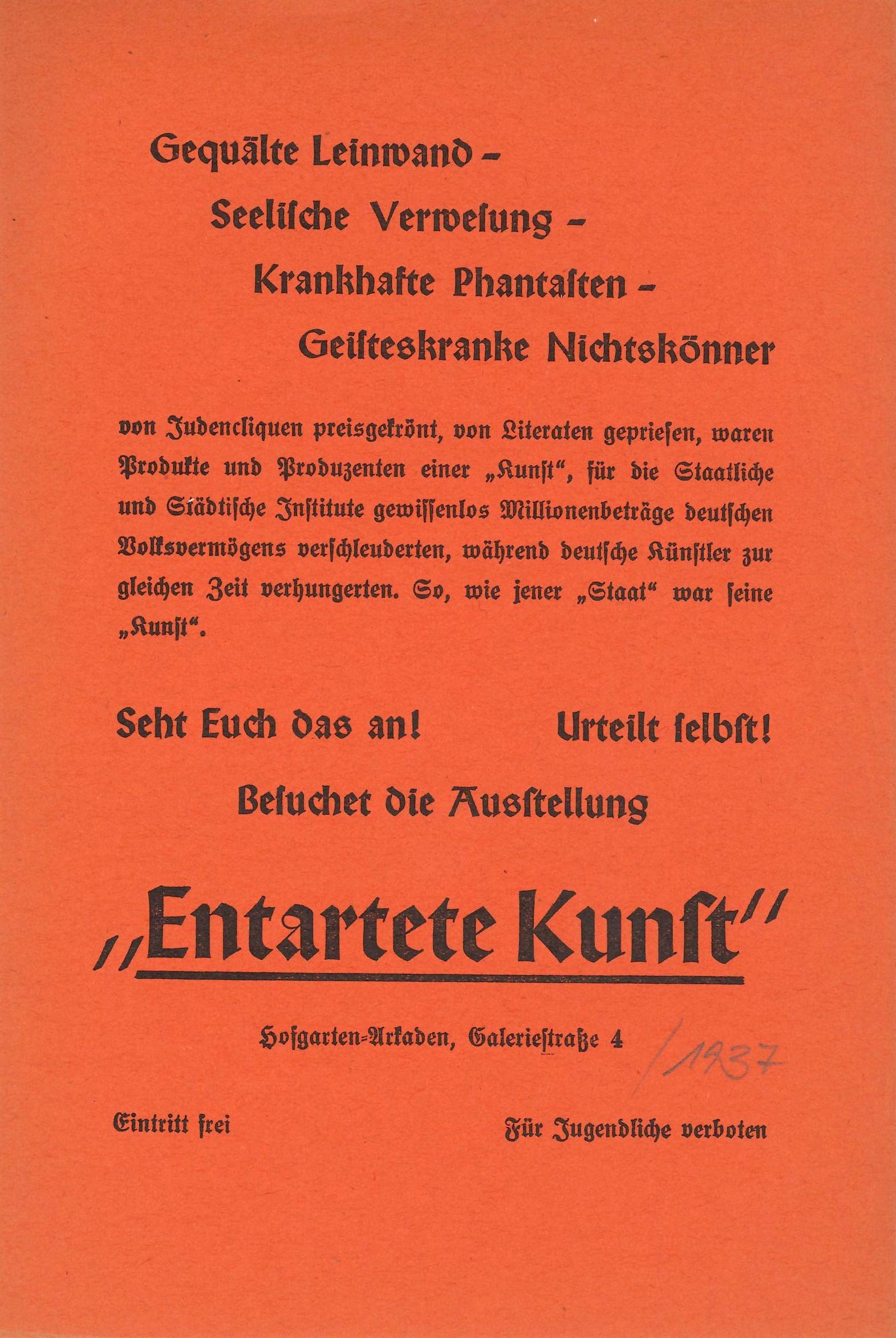 "Entartete Kunst", Invitation, 1937 (Announcement); Archiv der Avantgarden, Staatliche Kunstsammlungen Dresden