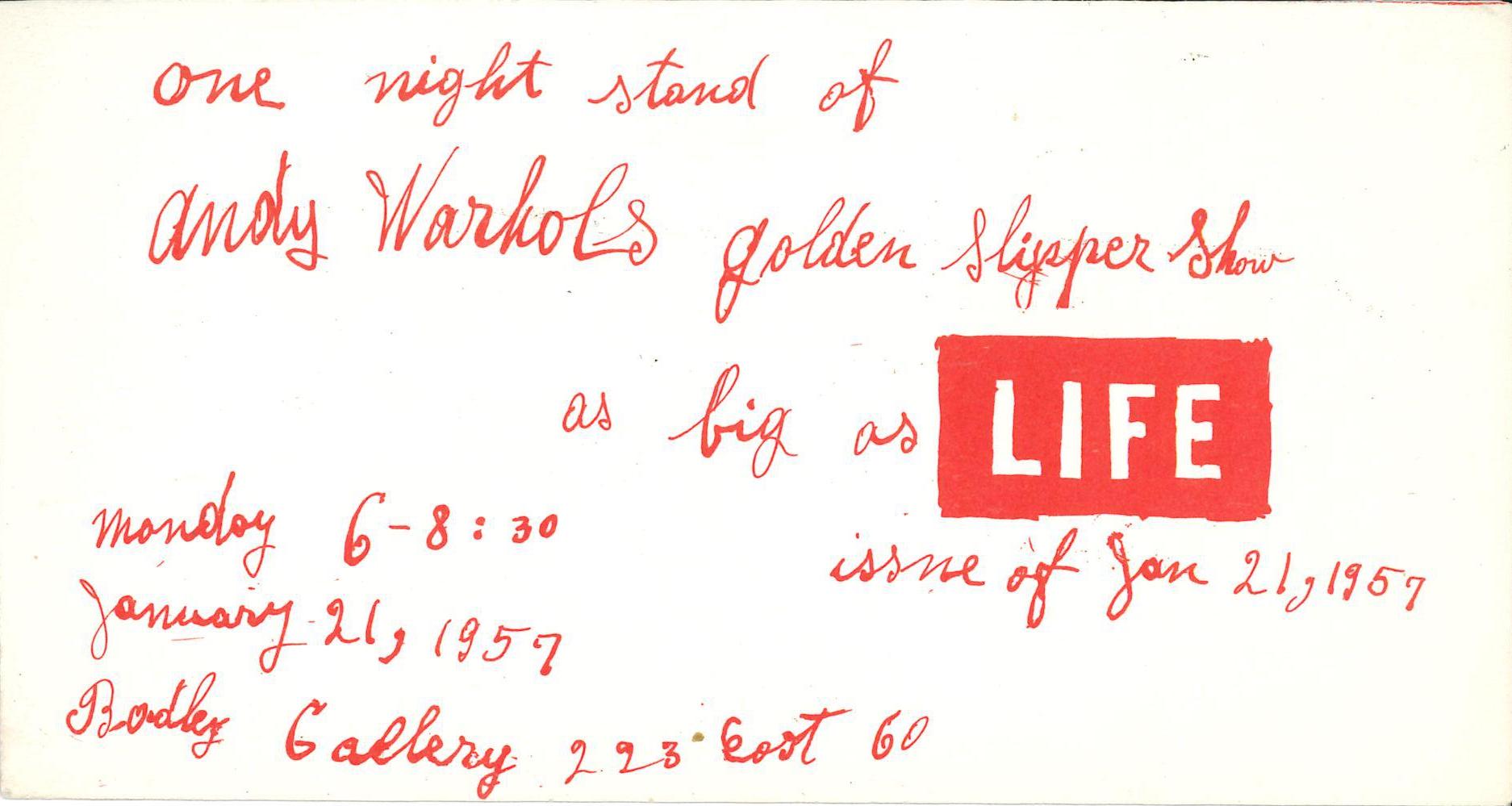 Andy Warhol. One night stand of Andy Warhol's golden slippers show as big as LIFE, 1957. Bodley Gallery, New York (Invitation); Archiv der Avantgarden, Staatliche Kunstsammlungen Dresden