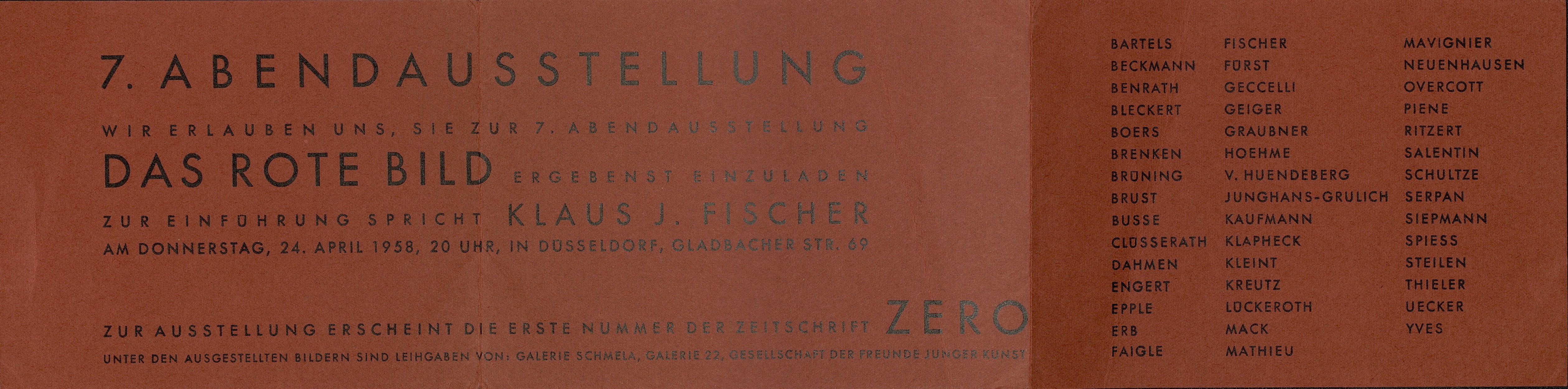 7. Abendausstellung der Gruppe ZERO, Düsseldorf 1958 (Invitation); Archiv der Avantgarden, Staatliche Kunstsammlungen Dresden