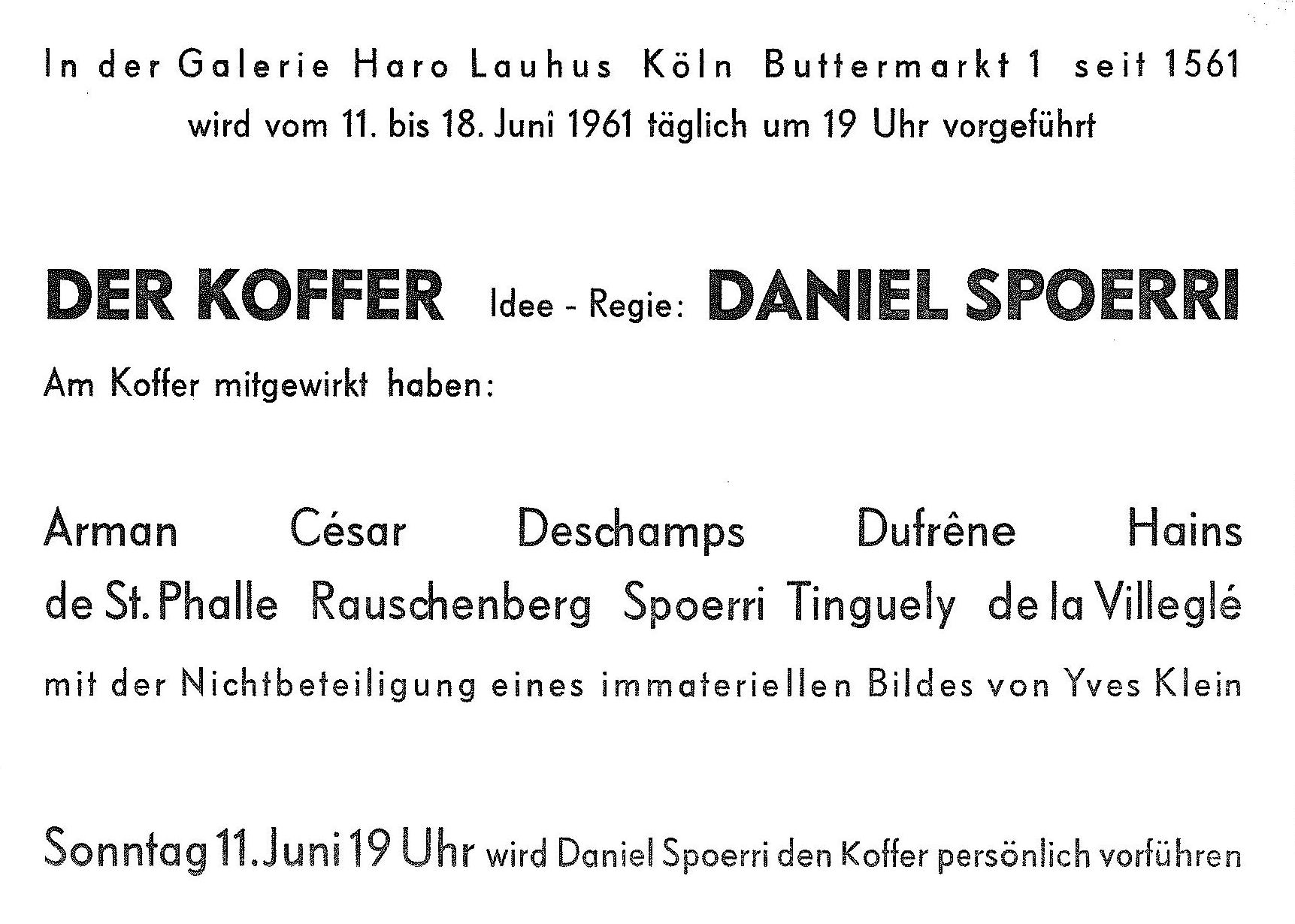 Daniel Spoerri  "Der Koffer", Galerie Haro Lauhus, Köln, 1961 (INVITATION); Archiv der Avantgarden, Staatliche Kunstsammlungen Dresden