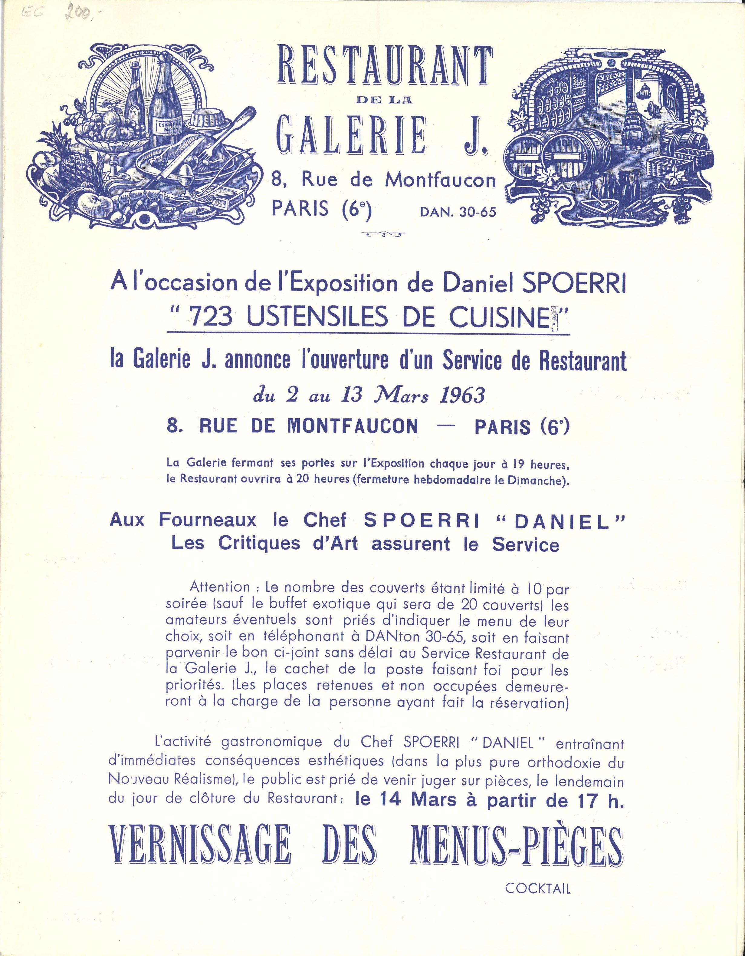 Daniel Spoerri, invitation/menu. Restaurant de la Galerie J. Paris, Galerie J, 1963; Archiv der Avantgarden, Staatliche Kunstsammlungen Dresden © VG Bild-Kunst, Bonn
