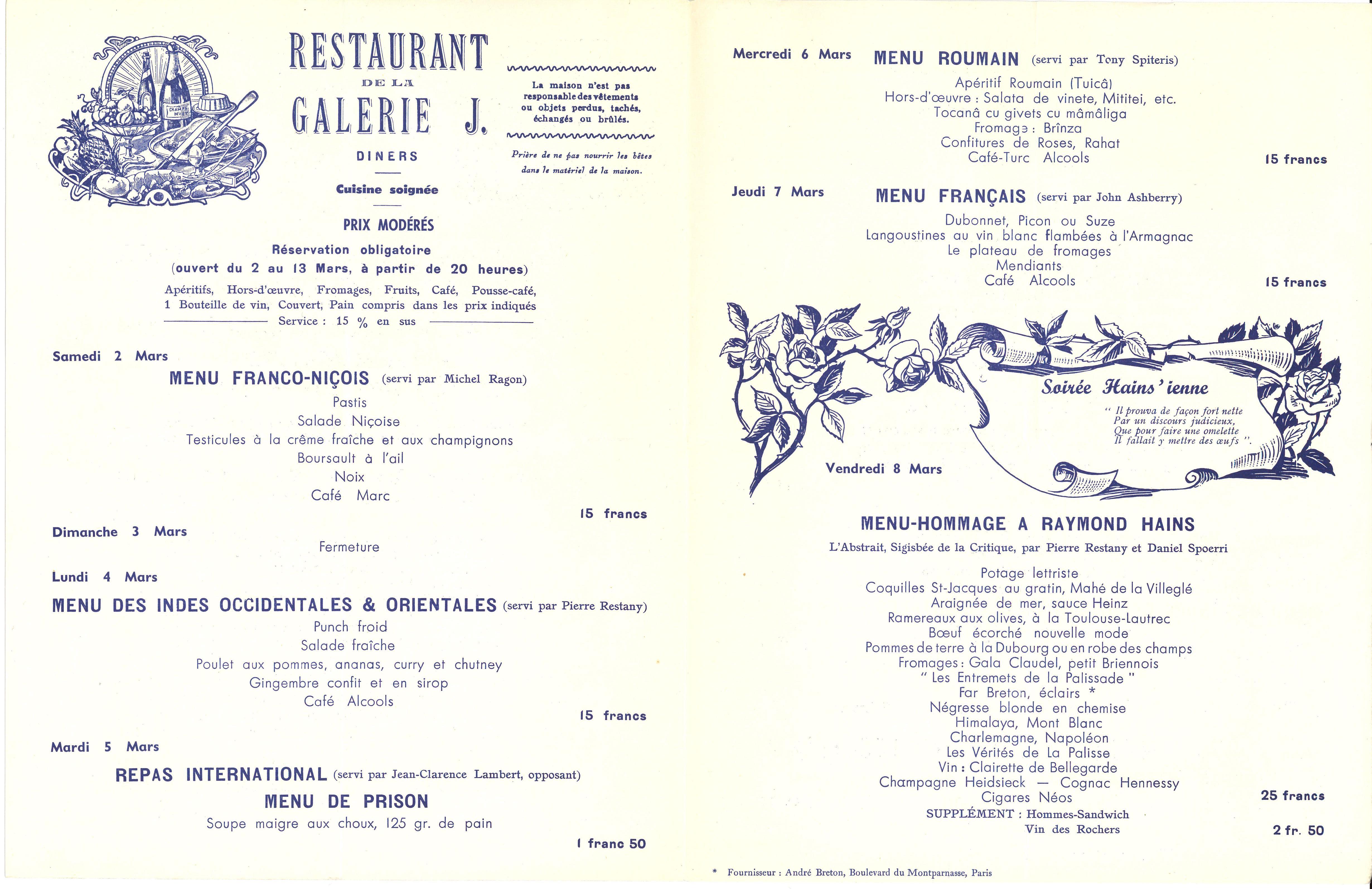 Daniel Spoerri, invitation/menu. Restaurant de la Galerie J. Paris, Galerie J, 1963; Archiv der Avantgarden, Staatliche Kunstsammlungen Dresden © VG Bild-Kunst, Bonn