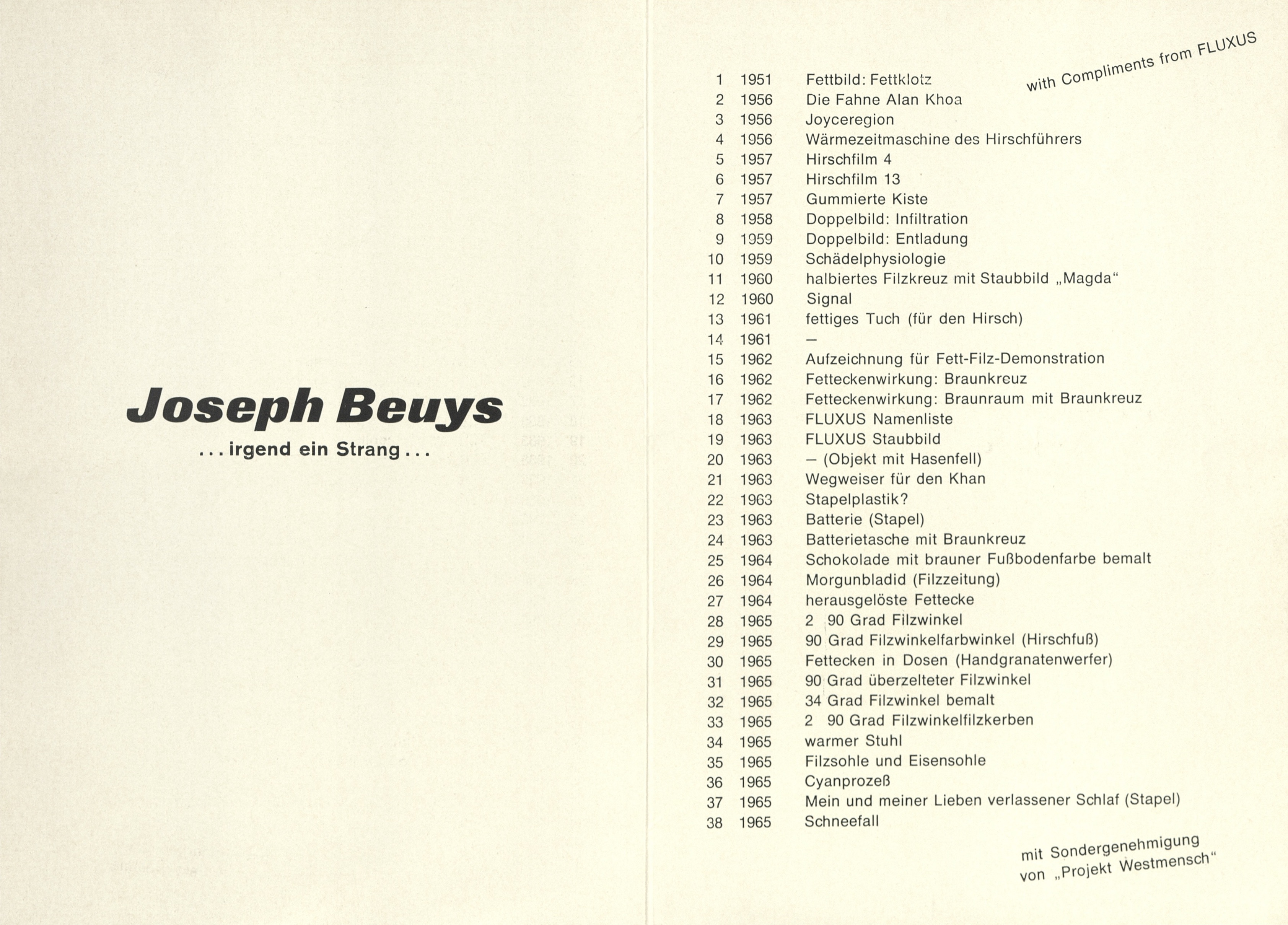 Joseph Beuys, Galerie Schmela, Düsseldorf, 1965 (Invitation);  Archiv der Avantgarden, Staatliche Kunstsammlungen Dresden © VG Bild-Kunst, Bonn