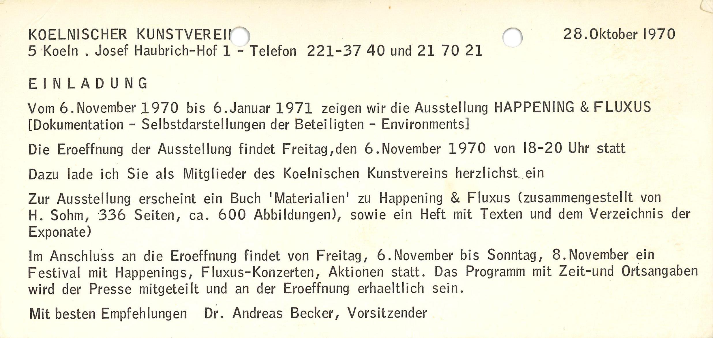FLUXUS & HAPPENING,
Kölnischer Kunstverein
1970 (invitation); Archiv der Avantgarden, Staatliche Kunstsammlungen Dresden 