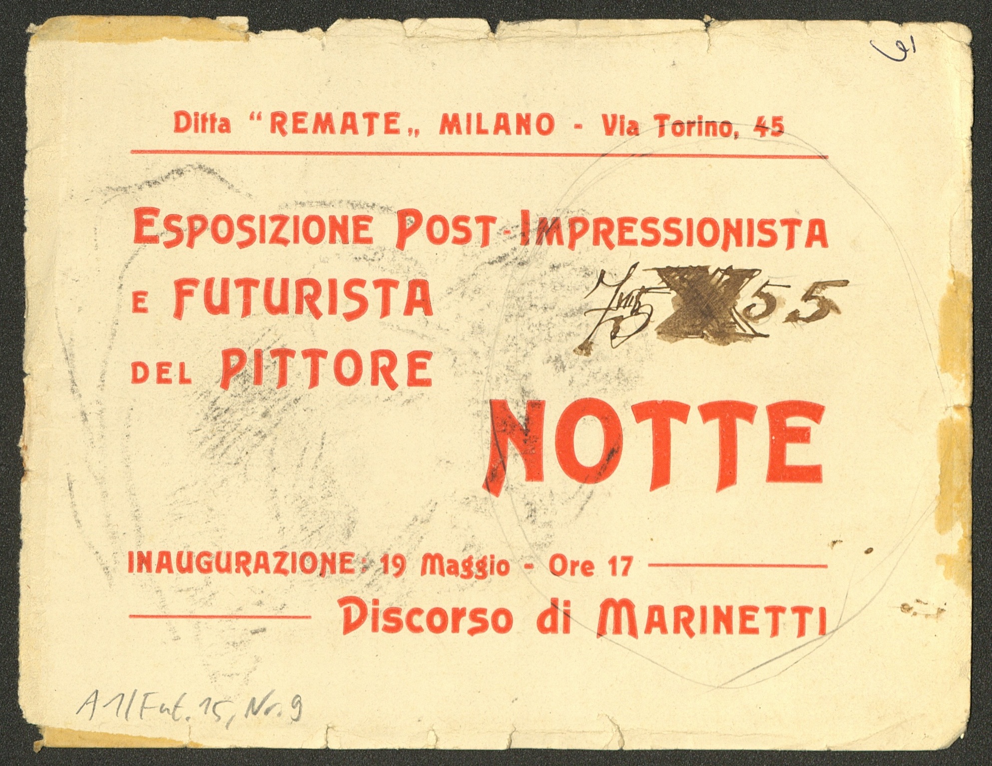 Emilio Notte, DISEGNO A MATITA, Milano 1919 (Invitations Card with Original Drawing) © Emilio Notte