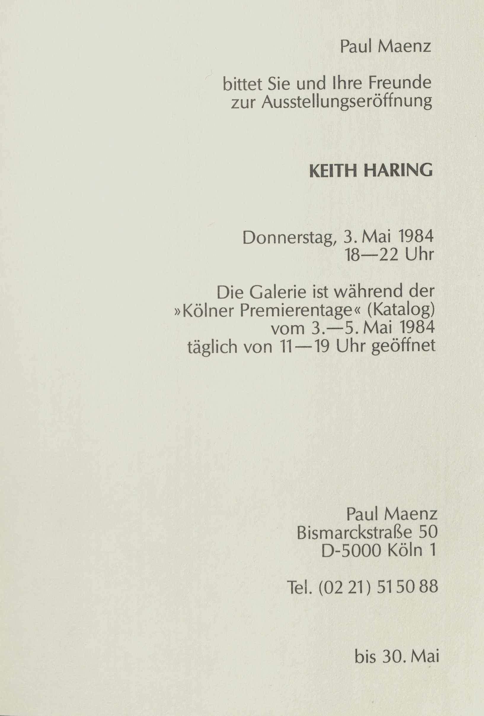 Keith Haring, Galerie Paul Maenz, Cologne 1984 (Invitation) © Keith Haring; Archiv der Avantgarden, Staatliche Kunstsammlungen Dresden