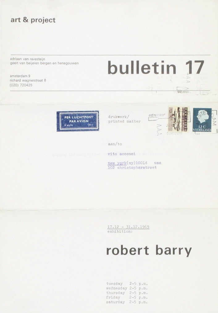 Robert Barry, Closed Gallery Project, art & project, Bulletin 17, Amsterdam 1969 (Bulletin, Invitation); Sammlung Marzona, Kunstbibliothek – Staatliche Museen zu Berlin