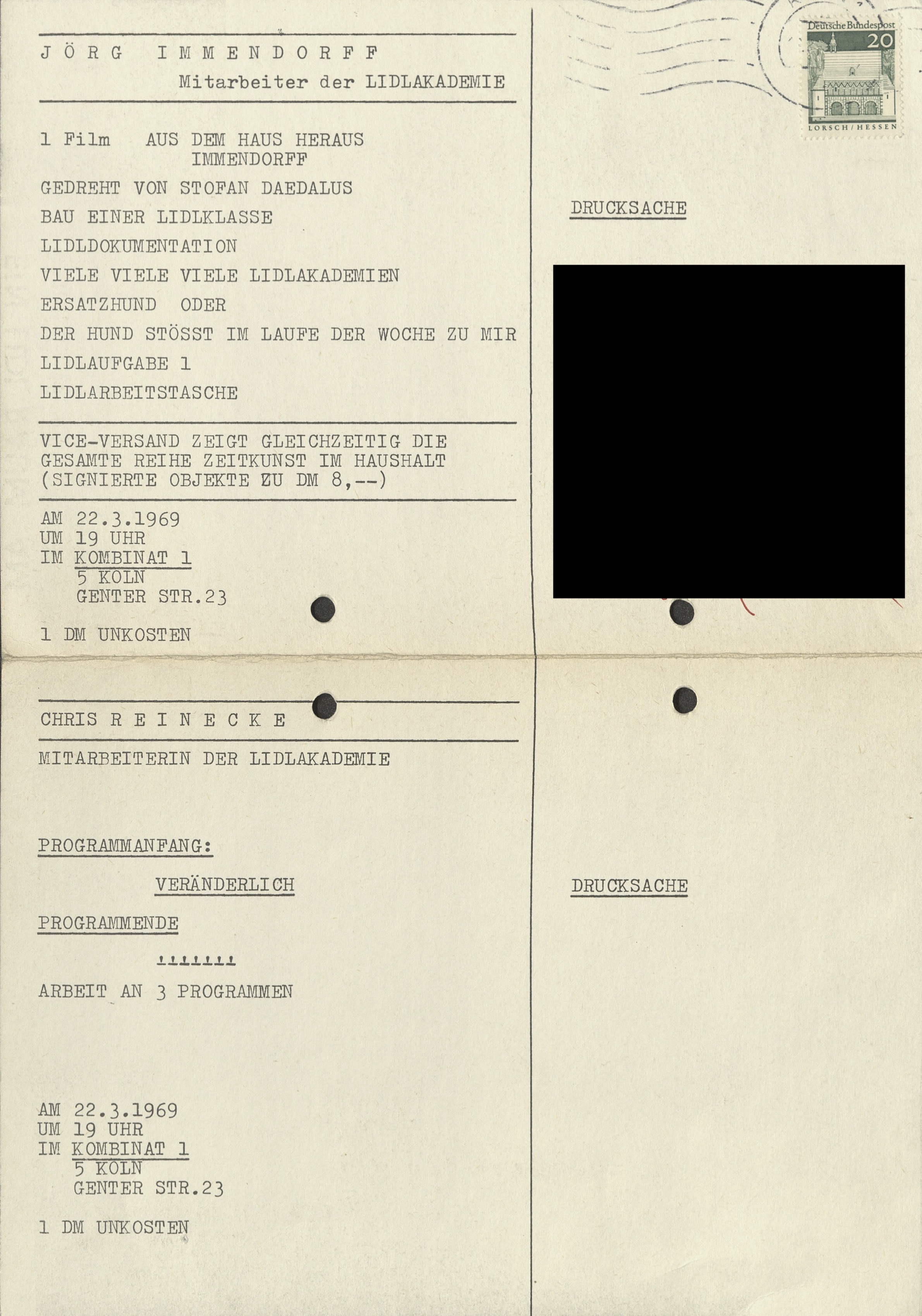 LIDLAKADEMIE, Jörg Immendorf & Chris Reinecke, Kombinat 1, Cologne 1969 (Invitation); Archiv der Avantgarden, Staatliche Kunstsammlungen Dresden