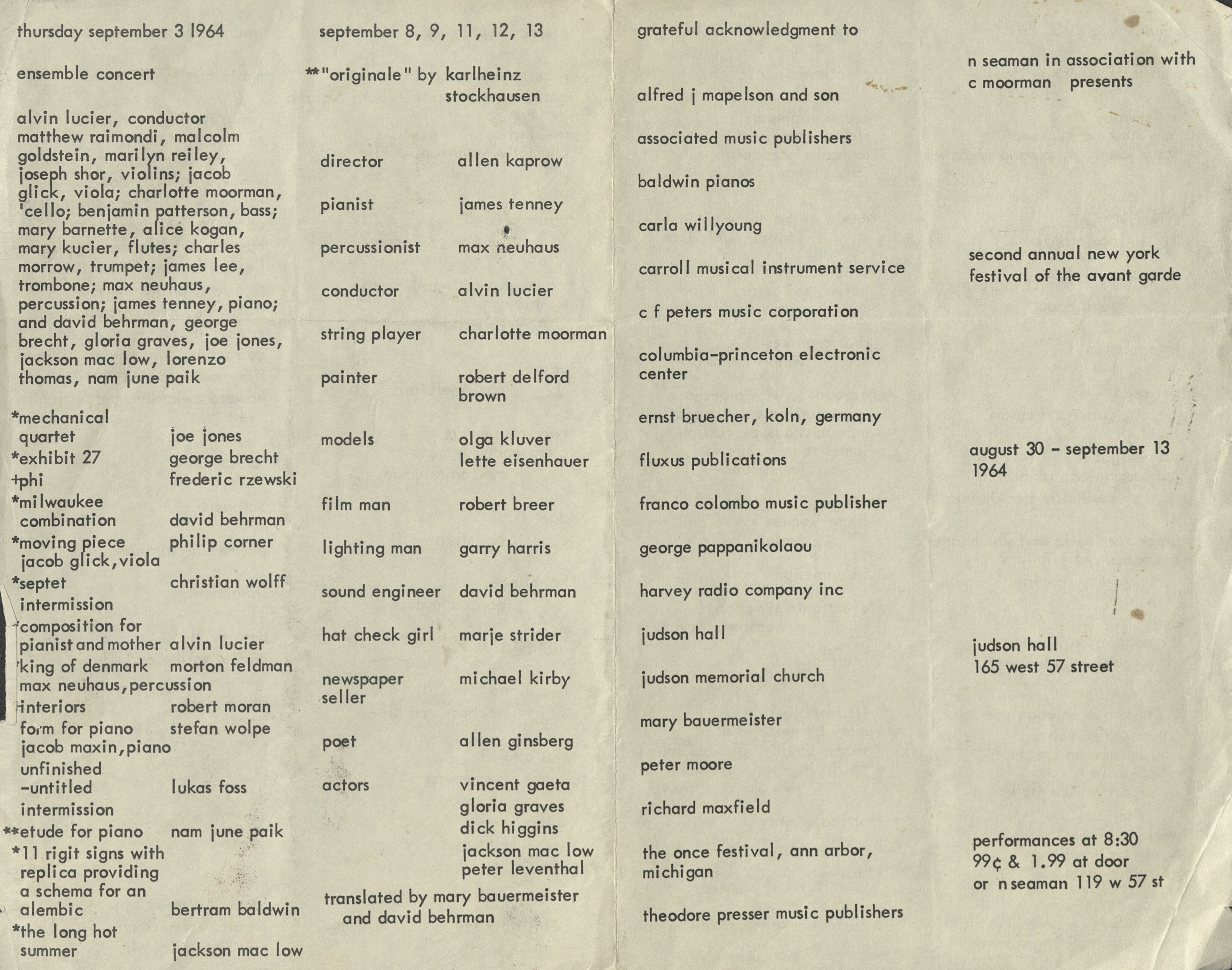 2ND ANNUAL NEW YORK AVANT GARDE FESTIVAL, Judson Hall, New York 1964 (Program) Archiv der Avantgarden, Staatliche Kunstsammlungen Dresden