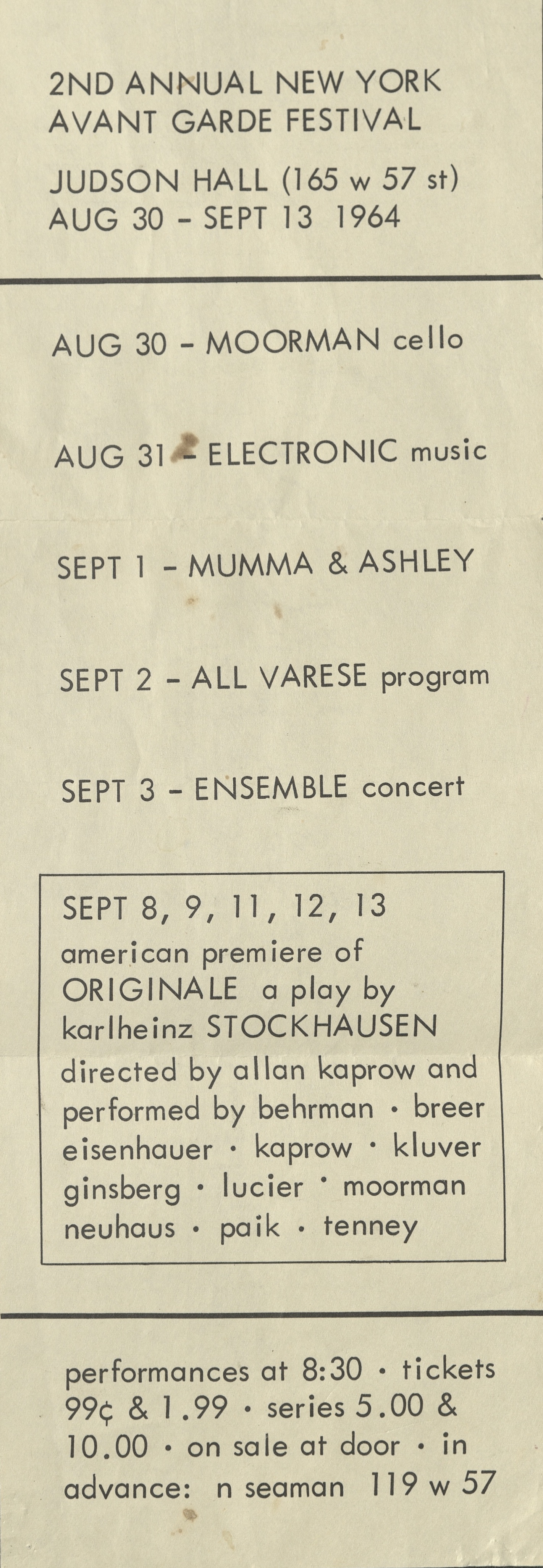2ND ANNUAL NEW YORK AVANT GARDE FESTIVAL, Judson Hall, New York 1964 (invitation) Archiv der Avantgarden, Staatliche Kunstsammlungen Dresden