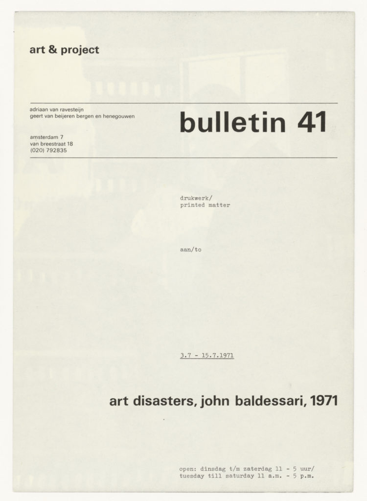 John Baldessari  art & project, bulletin 41, "Art Disaster", 1971 (invitation); Sammlung Marzona, Kunstbibliothek – Staatliche Museen zu Berlin