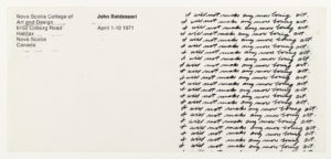 John Baldessari " I will not make anymore boring art", Nova Scotia College, Halifax 1971 (Invitation); Sammlung Marzona, Kunstbibliothek – Staatliche Museen zu Berlin