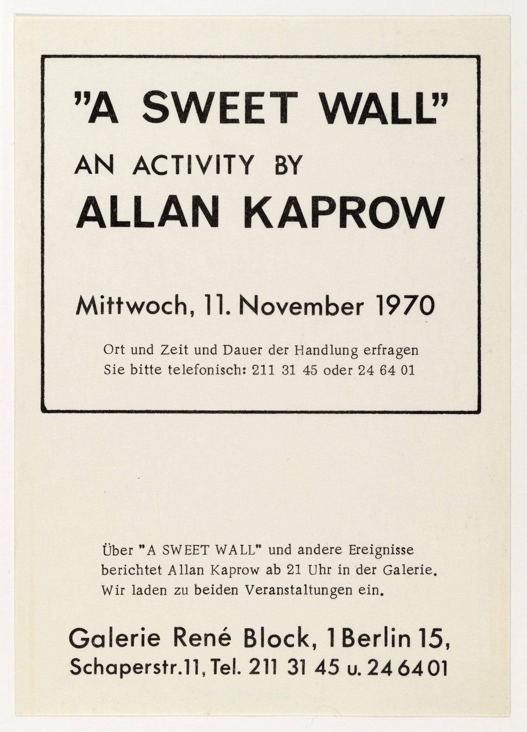 Allan Kaprow, A SWEET WALL, René Block Galerie Berlin, 1970 (invitation); Sammlung Marzona, Kunstbibliothek – Staatliche Museen zu Berlin