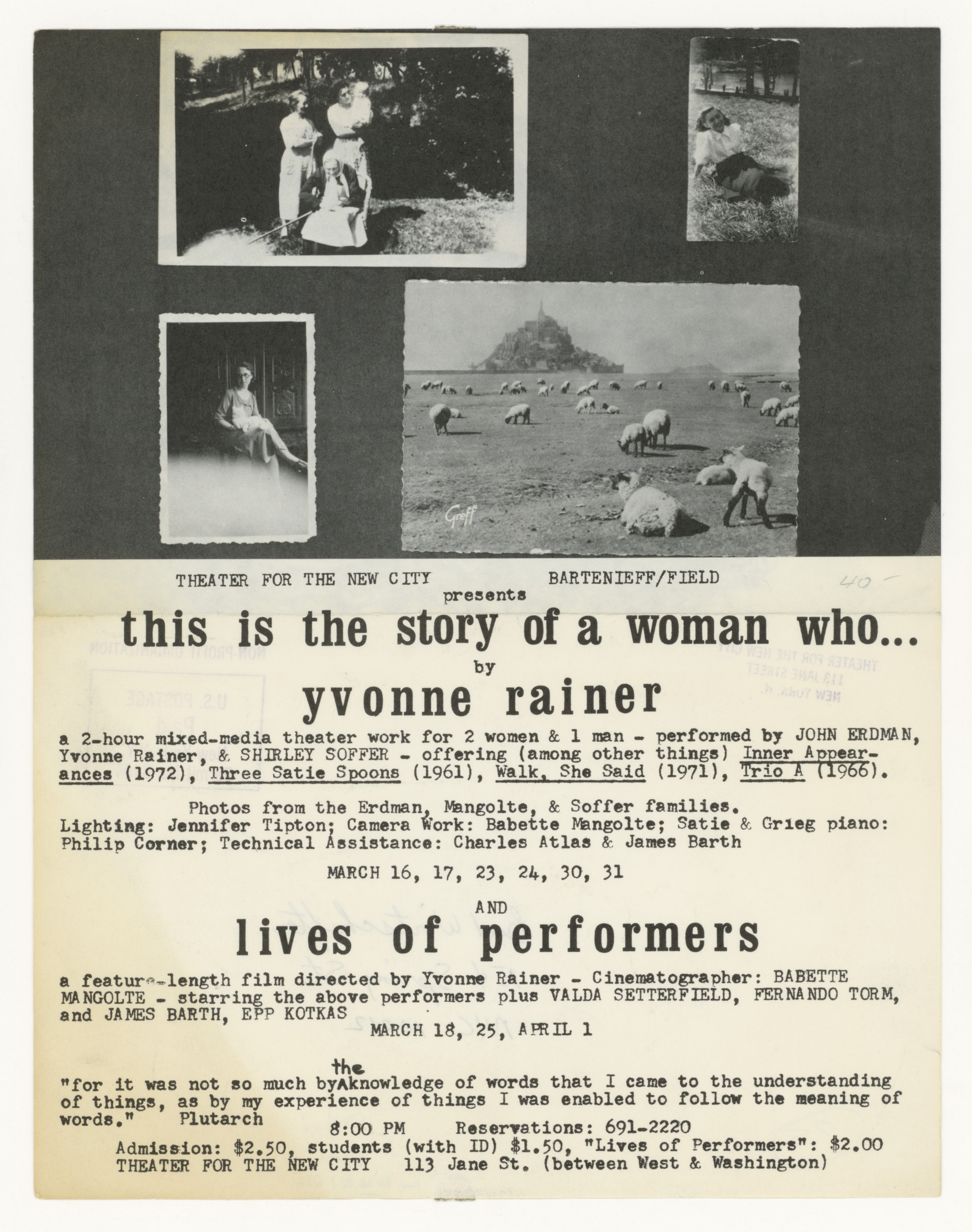Yvonne Rainer, This is the story of a woman who..., Theater for the New City, New York, 1973 (announcement); ; Sammlung Marzona, Kunstbibliothek – Staatliche Museen zu Berlin