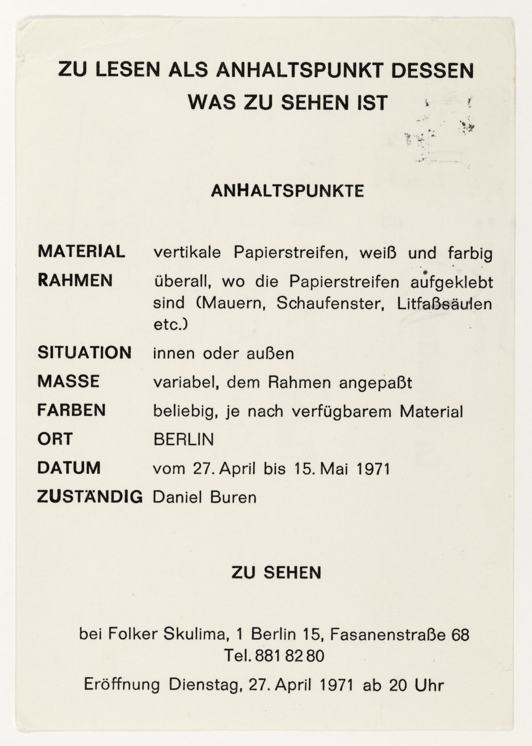 Daniel Buren, Folker Skulima, Berlin 1971 (invitation); Sammlung Marzona, Kunstbibliothek – Staatliche Museen zu Berlin; VG Bild-Kunst, Bonn.