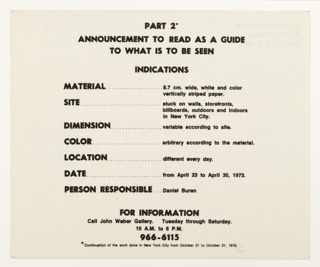 Daniel Buren, John Weber, New York 1973 (invitation); Sammlung Marzona, Kunstbibliothek – Staatliche Museen zu Berlin; VG Bild-Kunst, Bonn.