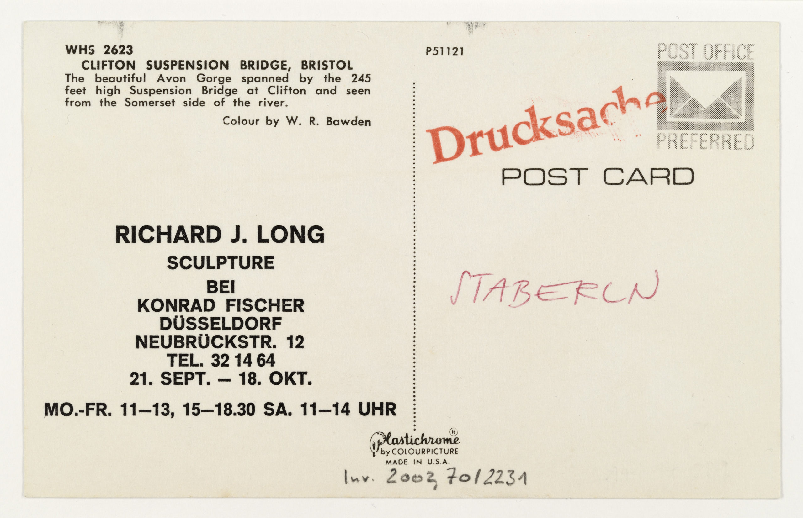 Richard Long "Sculpture", Galerie Konrad Fischer, Düsseldorf, 1968 (Invitation); Sammlung Marzona, Kunstbibliothek – Staatliche Museen zu Berlin; VG Bild-Kunst, Bonn.