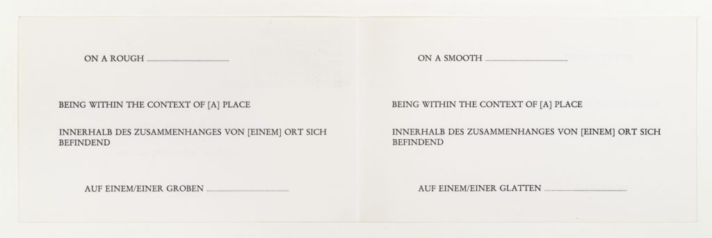 Lawrence Weiner, Galerie Konrad Fischer Düsseldorf, 1975 (invitation); Sammlung Marzona, Kunstbibliothek – Staatliche Museen zu Berlin; VG Bild-Kunst, Bonn.
