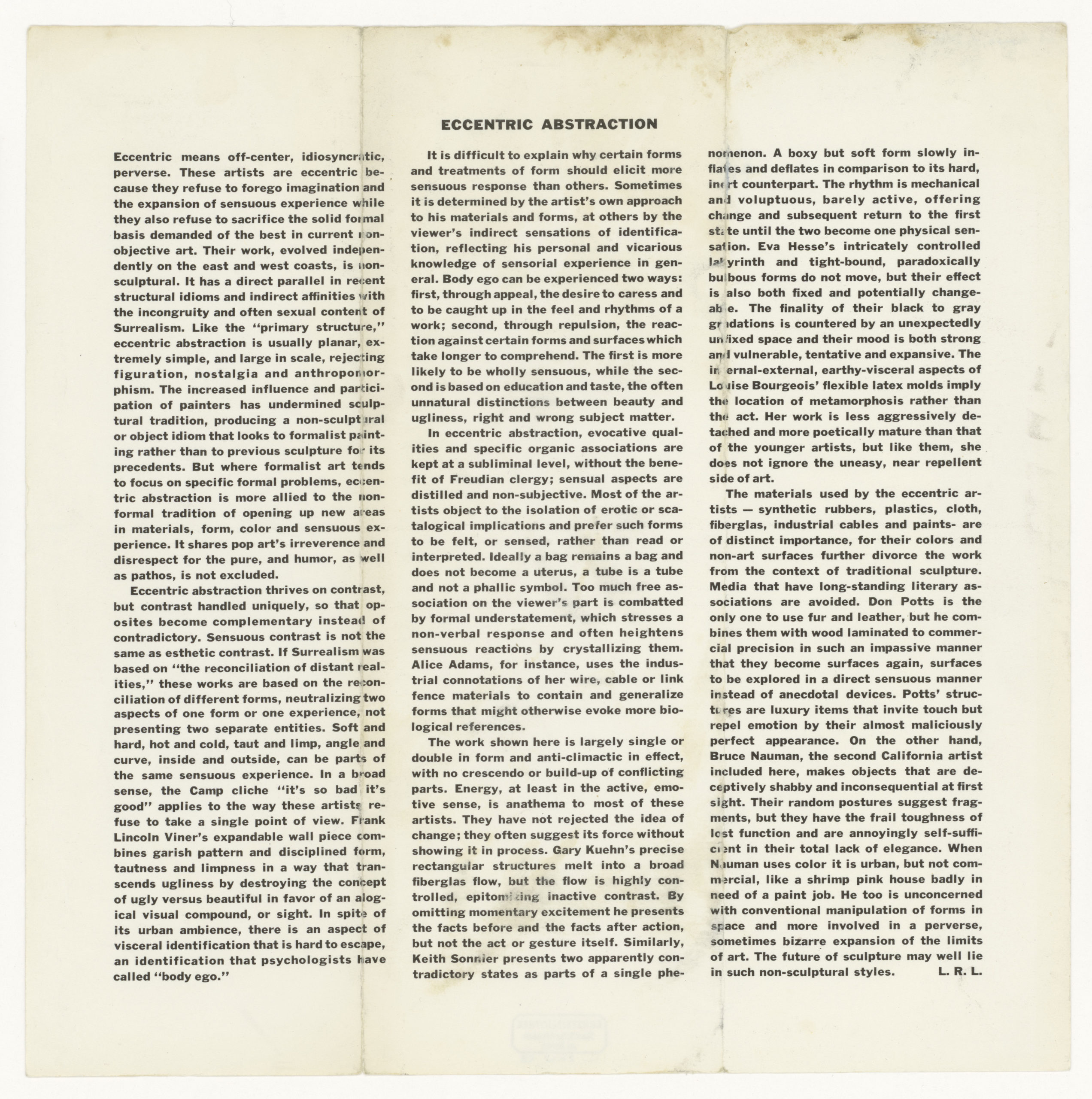 ECCENTRIC ABSTRACTION, Fischbach Gallery, New York 1966 (invitation /catalogue); Sammlung Marzona, Kunstbibliothek – Staatliche Museen zu Berlin
