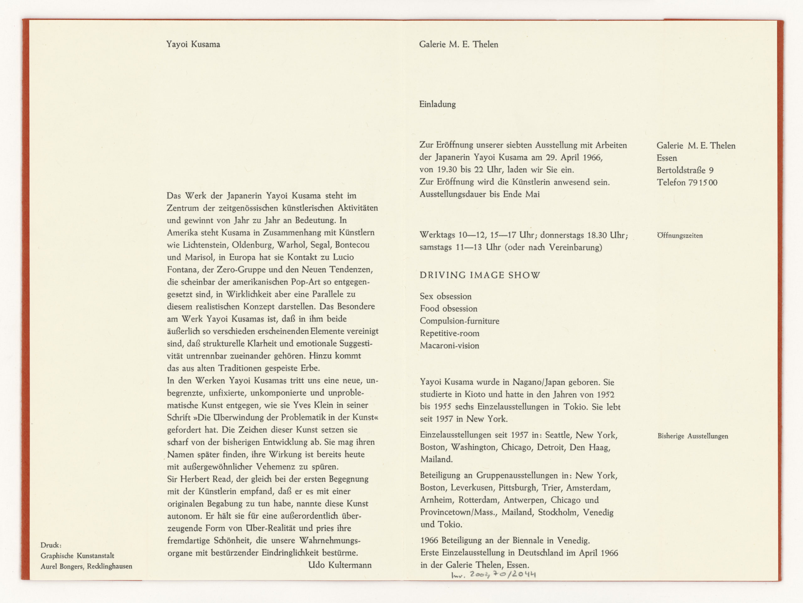Yayoi Kusama, DRIVING IMAGE SHOW, Galerie Thelen, Essen, 1966 (invitation); Sammlung Marzona, Kunstbibliothek – Staatliche Museen zu Berlin