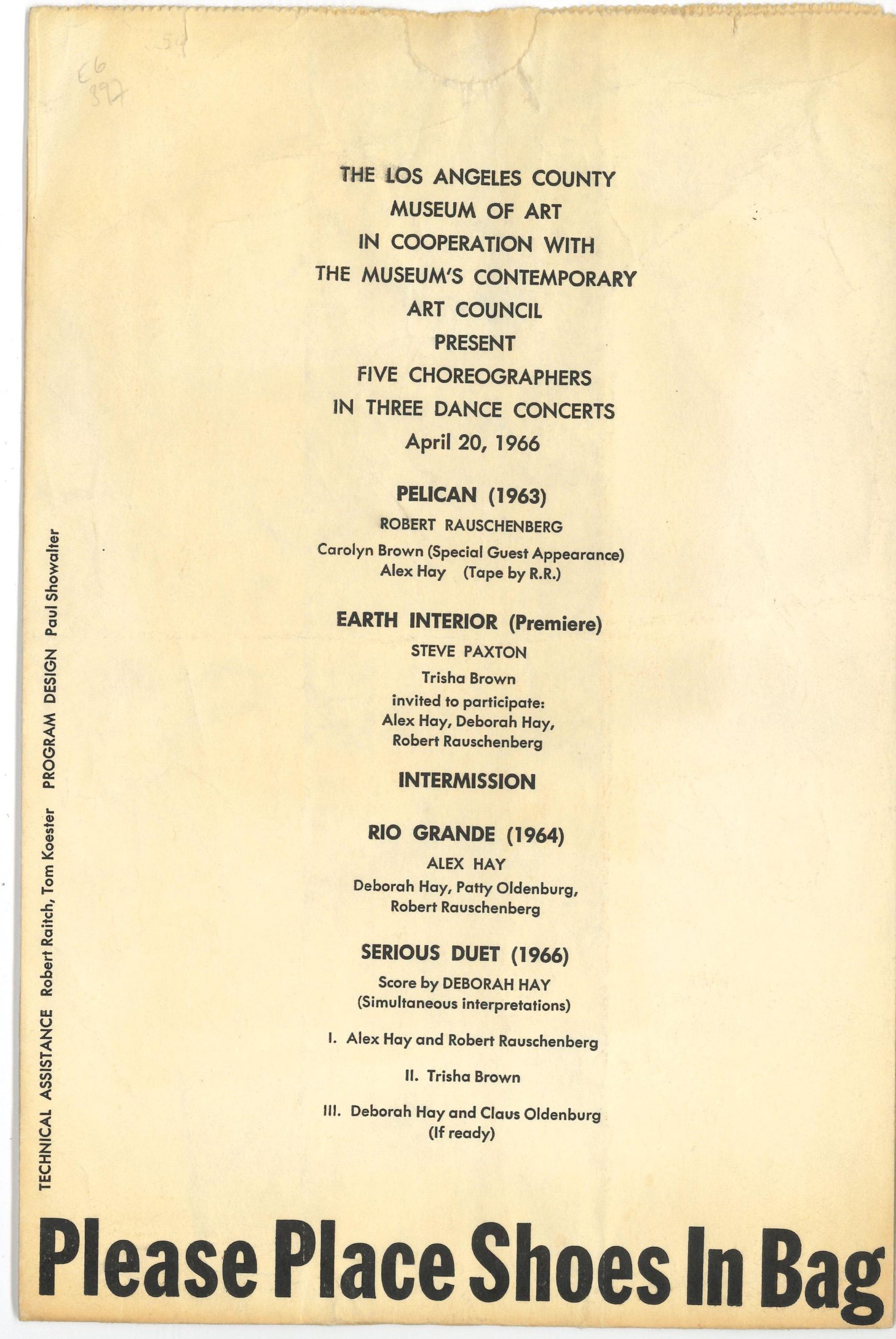 FIVE CHOREOGRAPHERS IN THREE DANCE CONCERTS, Los Angeles Museum of Art 1966 (invitation); Archiv der Avantgarden, Staatliche Kunstsammlungen Dresden.